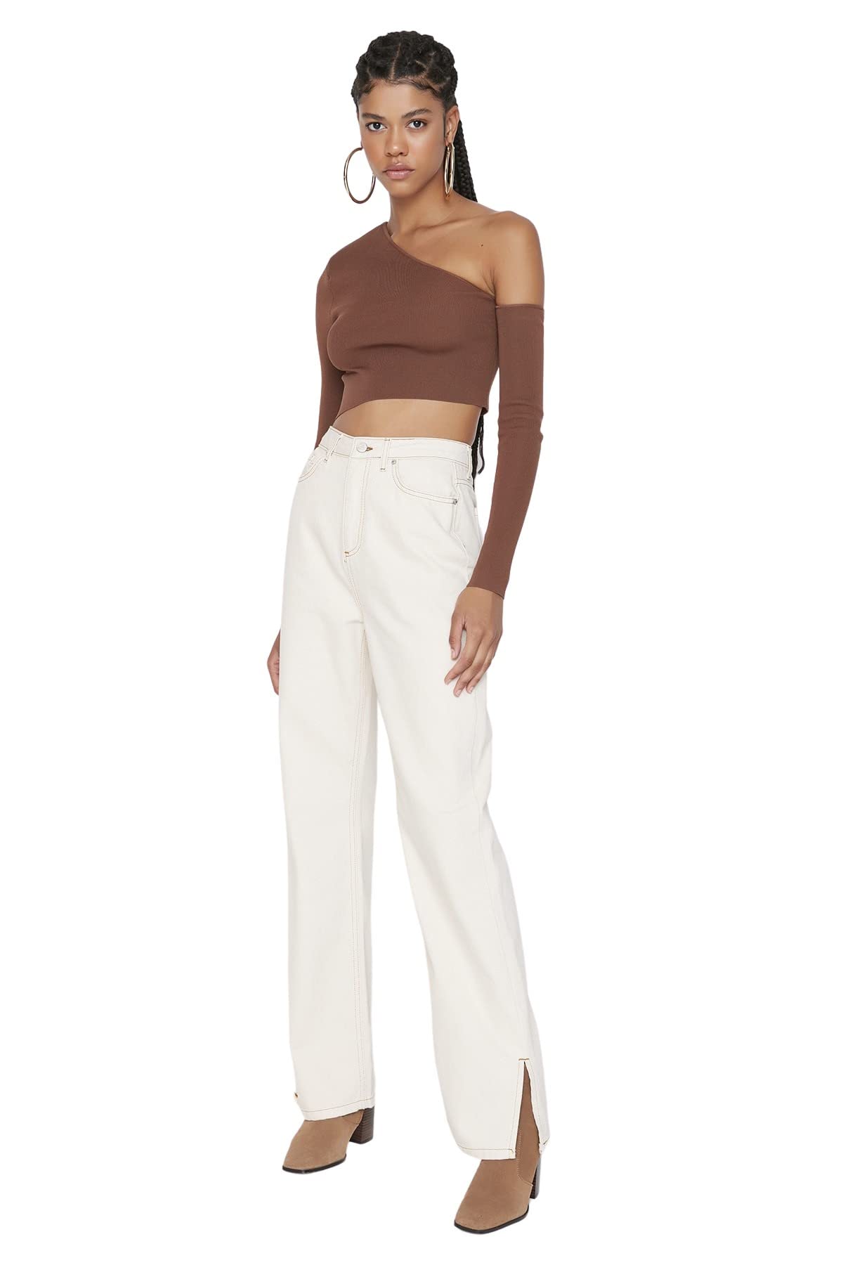 Trendyol Ecru Slit High Waist Wide Leg Jeans Pants