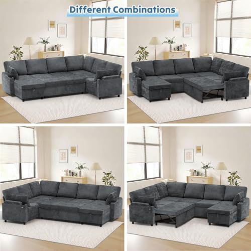 Image of 110 inch Chenille Sectional Sofa w /Pull Out Bed & Storage Chaise, Grey | Reversible U Shape Sofa w /Storage Armrests & Cup Holders, Corner Couch w /USB Charging Port & Throw Pillows for Living Room