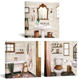 DuoBaorom Beige Bathroom Wall Art Bath Tub Toilet Sink Bath Sets Still Life Picture 12″X12″X3Pieces