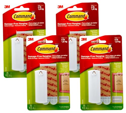 Command 17040 Sawtooth Picture Hanger Kit with Adhesive Strips - Hanger Holds up to 1.8Kg (4lb) - 75 mm x 25 mm, White,Pack of 4