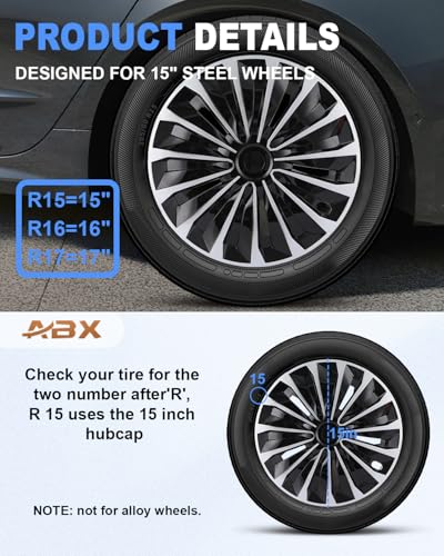 Image of ABX Hubcap Wheel Covers Hub Caps 15 Inch Set of 4 Black & Silver Universal Wheel Rim Cover R15 Stylish Car Decor Wheel Covers for Toyota Camry Nissan Mazda (TT Black & Silver, 15 inch)