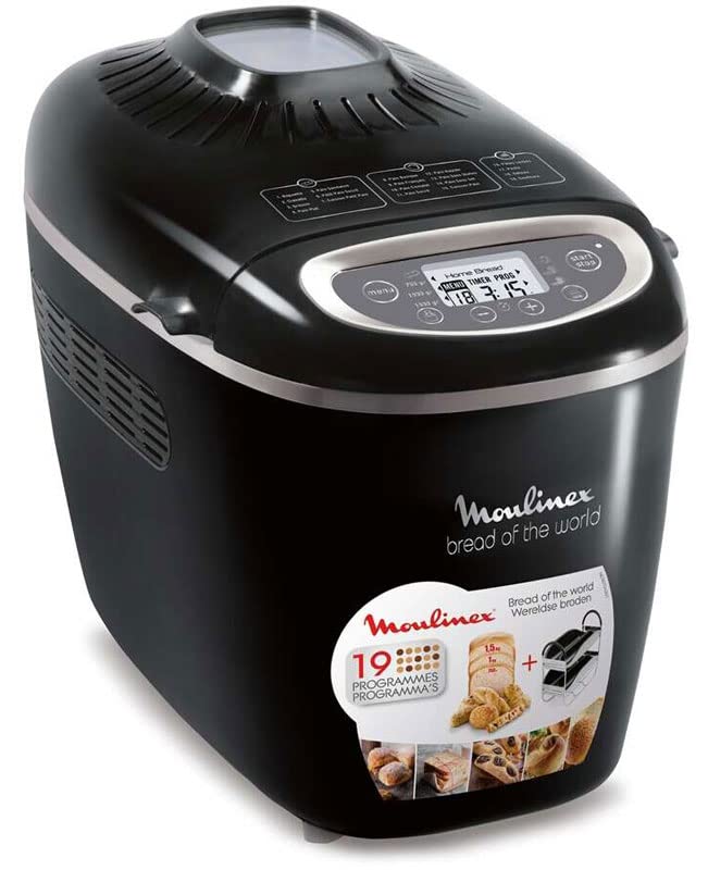 Moulinex OW611810 Bread Maker with various types of bread and accessories