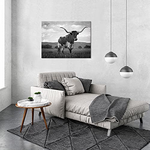 Visual Art Decor Longhorn Cow Pictures Black And White Cow Painting Canvas Wall Art Framed Artwork For Home Decor 24Inchx32Inch #TOP3