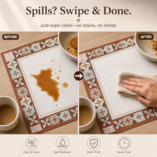 Image of Premium Leather Dining (Pack of 4) Placemats - Waterproof, Heat Resistant, Non-Slip Table Mats for Kitchen & Dining (Brown Portico Tile)