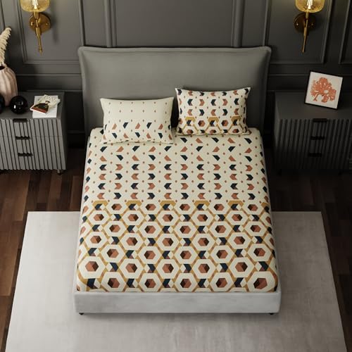 Image of BLISSHOME SoftTouch 150TC Cotton King Size Fitted Bedsheet with 2 Pillow Covers, Silky Smooth Bedding Set, Breathable, Easy Maintain, Geometric Pattern - Beige (183cm x 198cm + 25cm Drop)