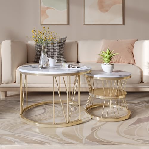 Mutuolux 2 Stück Couchtische, rund, modern, mit Marmor, glänzend, für Wohnzimmer, Empfangsraum, Balkon und Büro, Struktur aus Metall, einzigartige Form, Gold und Weiß