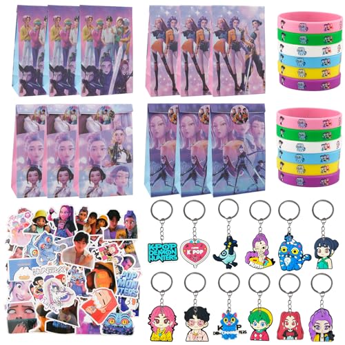 KEVRDRT Anime Fête Anniversaire Cadeau, 96 Pcs K_P0_p De_mons Hun_ters Cadeaux Fête Enfants Jeux, Cadeaux d'anniversaire avec Bracelet Autocollants Hun-trix Porte-clés Sac Cadeau pour Party Faveurs