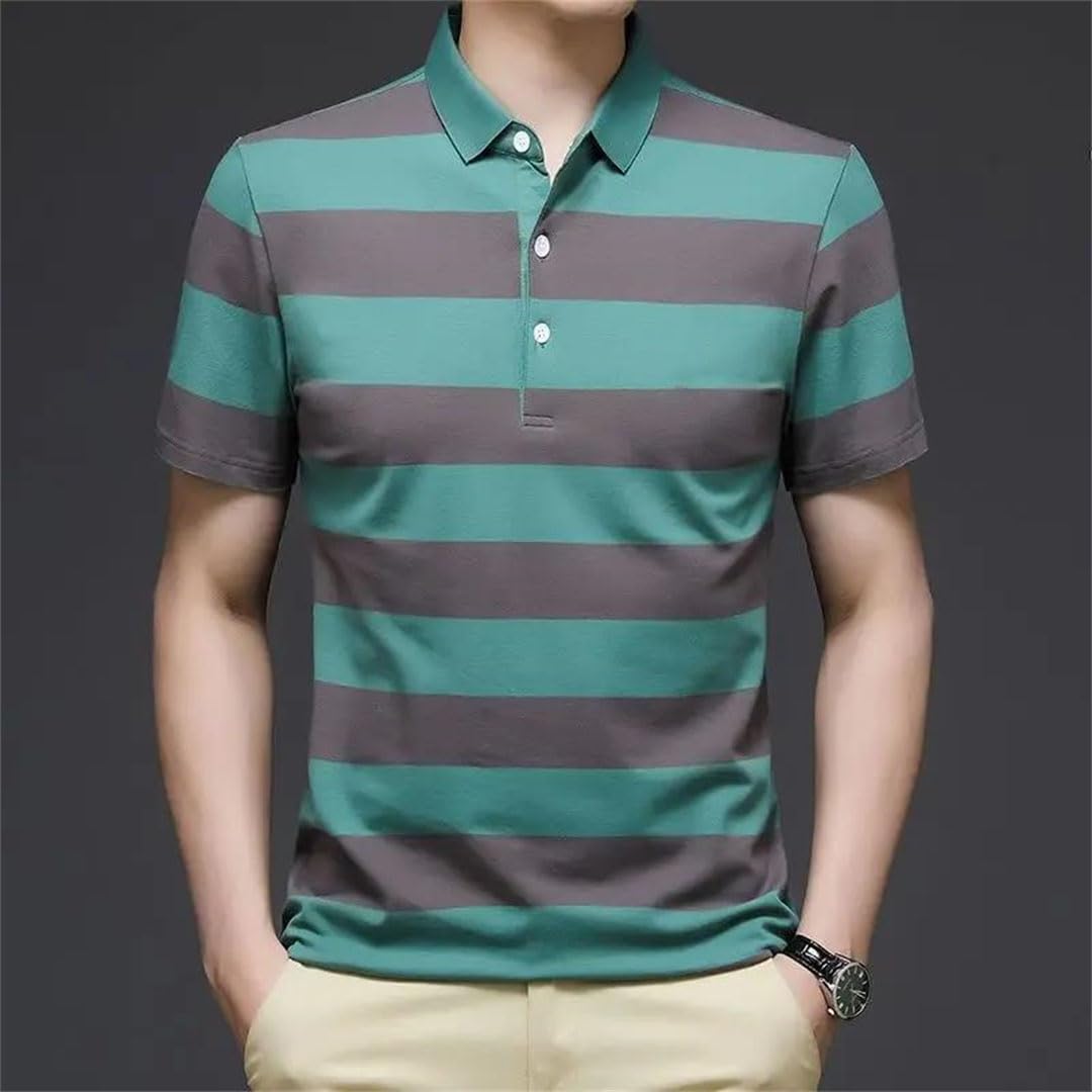 Polo de manga corta para hombre, a rayas, de algodón, con solapa, holgado, de secado rápido, para negocios