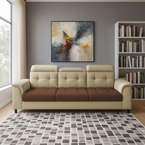 Image of Casaliving Ella 3 Seater Sofa Set for Living Room (Cream Brown Colour Fabric) Premium Fabric Sofa