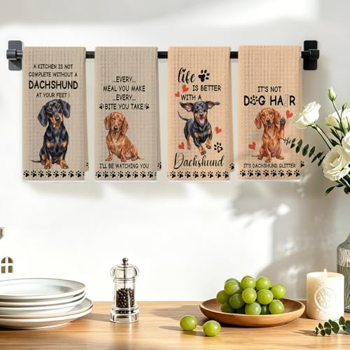 Image of 4 Pcs Funny Dachshund Kitchen Towels 24x14 Inch, Dachshund Gifts Reusable Dish Towels for Kitchen Bathroom Decor, Waffle Weave Absorbent Tea Towel, Cute Weiner Dog Gifts for Women Mom Friend
