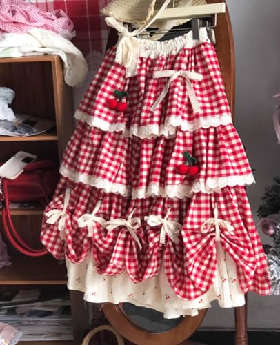 Japanese Style Lolita Cherry Gingham Skirt Lace Bowknots Tiered Ruffle Elastic High Waist A-line Cute Midi Skirts2