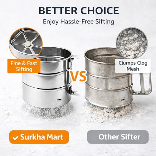 Image of Stainless Steel Flour Sifter Cup, Hand Press Atta Chalni /Atta Channi, Fine Mesh Flour Sieve for Baking, Maida, Powdered Sugar & Cocoa, Durable Kitchen Tool