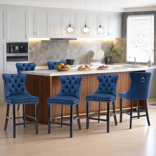 Set de 2 Butacas Velvet SoarNova con Respaldo Alto, Asiento Tapizado y Patas de Madera para Cocina, Color Azul miniatura 4