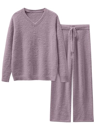 ANRABESS Womens Pajama Sets Fuzzy Fleece 2 Piece Long Sleeve Tops Wide Leg Pants Lounge Matching Pj Set 2025 Fall Outfits