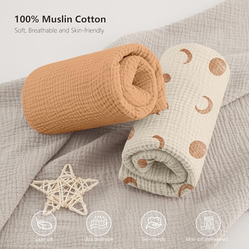 Image of Bearmoss Muslin Mini Crib Sheets for Pack N Play Mattress - 100% Cotton - 38 inchx26 inch Soft Breathable Playard Baby Crib Sheets Neutral for Boys Girls - 2 Pack (Brown Moon)