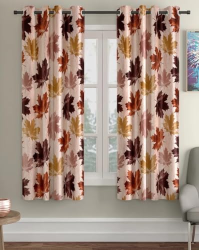 Image of HUTI 5 Feet Brown Window Curtain Set of 2 | Semi Transparent Leaf Printed Curtain | Light Filtering Polyester | Eyelet Curtains for Living Room & Bedroom 4x5 ft (120 x 150 cm) | Perfect for Home Decor
