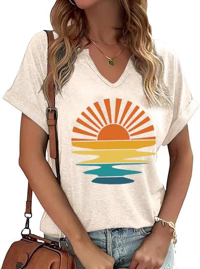 Women's Floral T-Shirts V-Neck Dandelion Sun Flower Graphic Casual Tee Boho Tops Cute Wildflowers Shirts