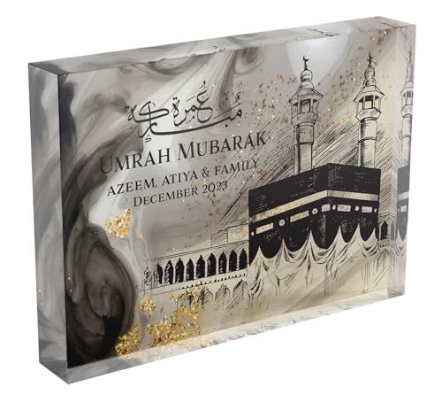 Shopagift Personalised Umrah Mubarak Islam Mecca Kaaba Muslim Ramadan Eid Photo Image Custom Glass Crystal Block Photo Frame Freestanding Gift