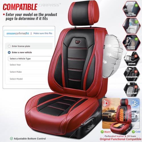 Image of CAR PASS Nappa Leather Car Seat Covers Front Seat Faux Leather, Black Red