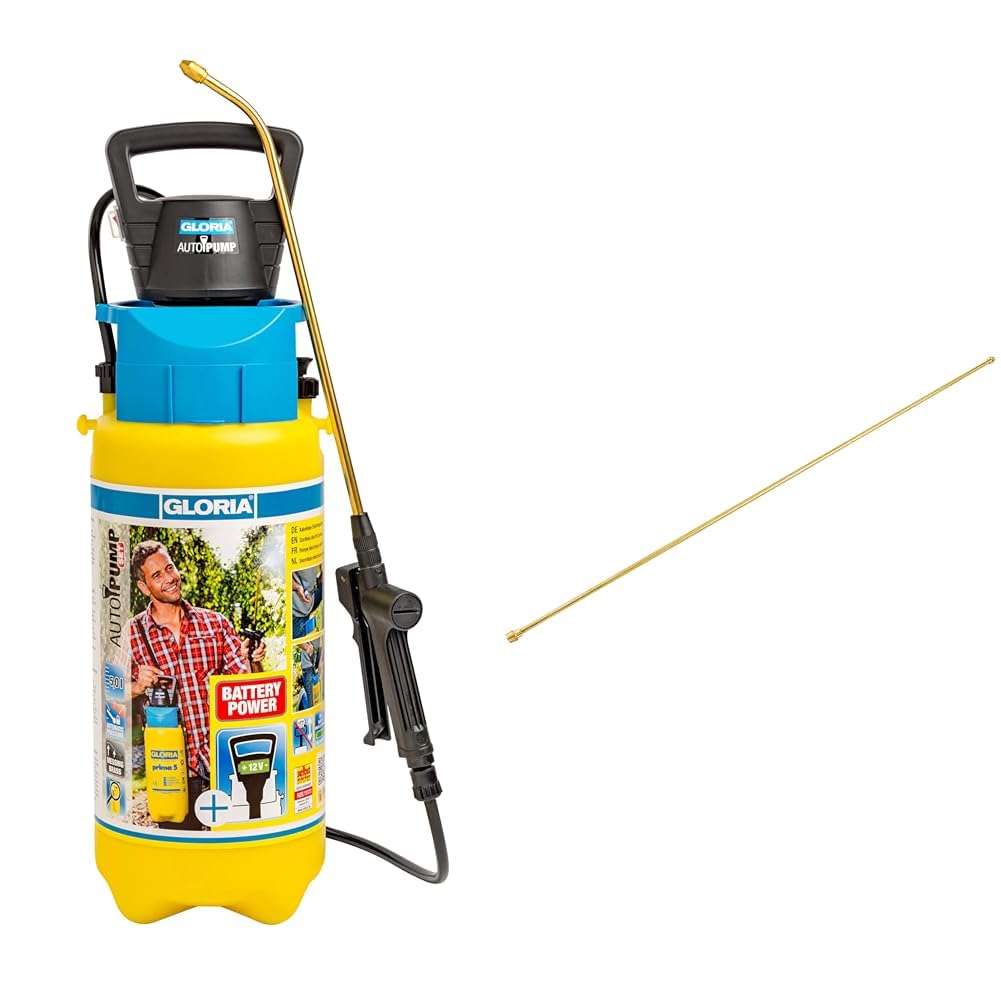 Gloria Drucksprüher AutoPump Set | Gartenspritze | 5 L Füllinhalt | Sprühgerät mit Batterie-/Akku-Betrieb & Messing-Verlängerungsrohr Typ 110 | 1 m Länge | 0,9 cm Durchmesser