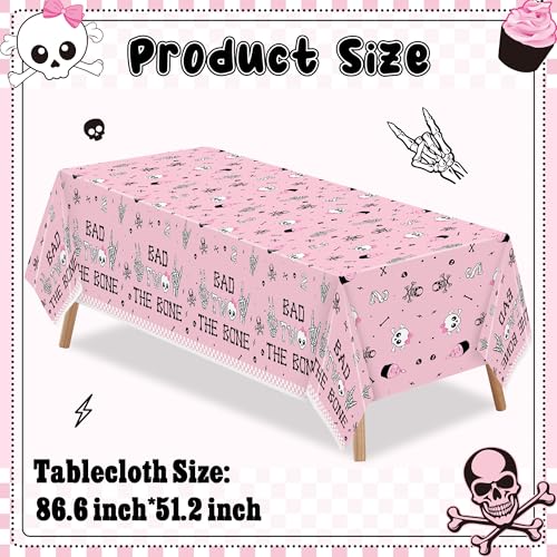Image of K1tpde 3PCS Bad Two The Bone Party Tablecloth for Girls, Music Themed 2nd Pink Plastic Tablecloth, Rock and Roll 2nd Disposable Table Covers for Birthday Decoration, Bad To The Skeleton Party Supplies
