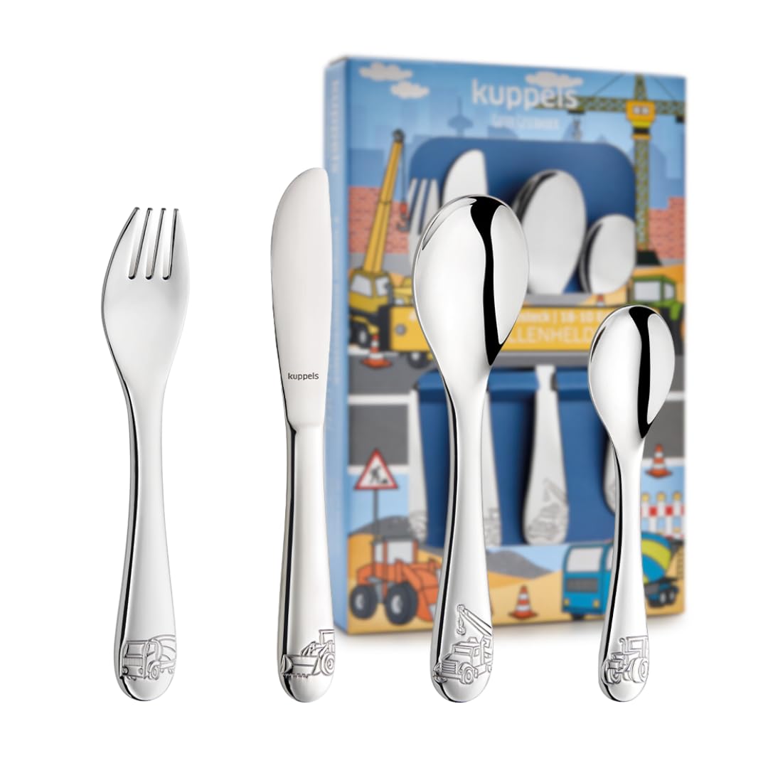 Kuppels Set di posate per bambini da cantiere, 4 pezzi, in confezione regalo, a partire dai 4 anni, in acciaio inox 18/10, forchetta e coltello, cucchiaio e cucchiaino, lavabile in lavastoviglie e
