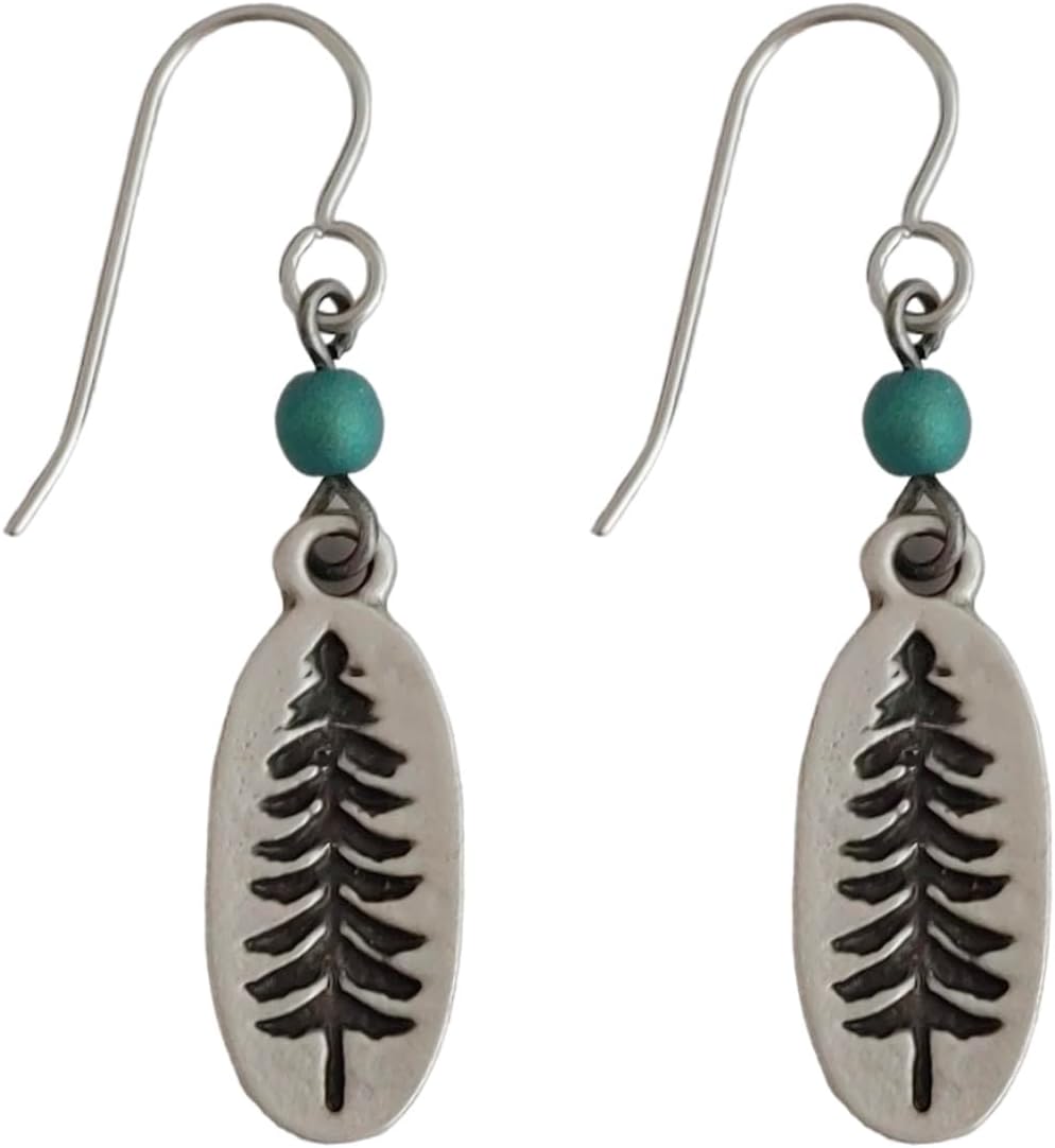 Antiqued Silver Pine Tree Dangle Earrings Sterling Silver Earwires Soft Green Matte Beads Boho Nature Mountains Outdoors Camping Woodland Wilderness Evergreen Beaded Jewelry for Women