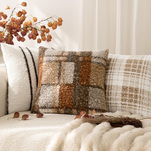 Image of Foindtower Pack of 2 Soft Faux Fur Boucle Throw Decorative Pillow Covers Fuzzy Accent Check Cushion Sherpa Boho Farmhouse Pillowcase for Couch Sofa Bed Living Room Home Decor 18x18 Inch,Autumnal