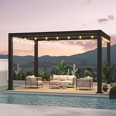 LVUYOYO Outdoor Louvered Pergola 10' x 13' with LED String Lights, Aluminum Pergola with Adjustable Roof, Waterproof Metal Gazebo for Patio, Backyard, Garden, Deck (Black)