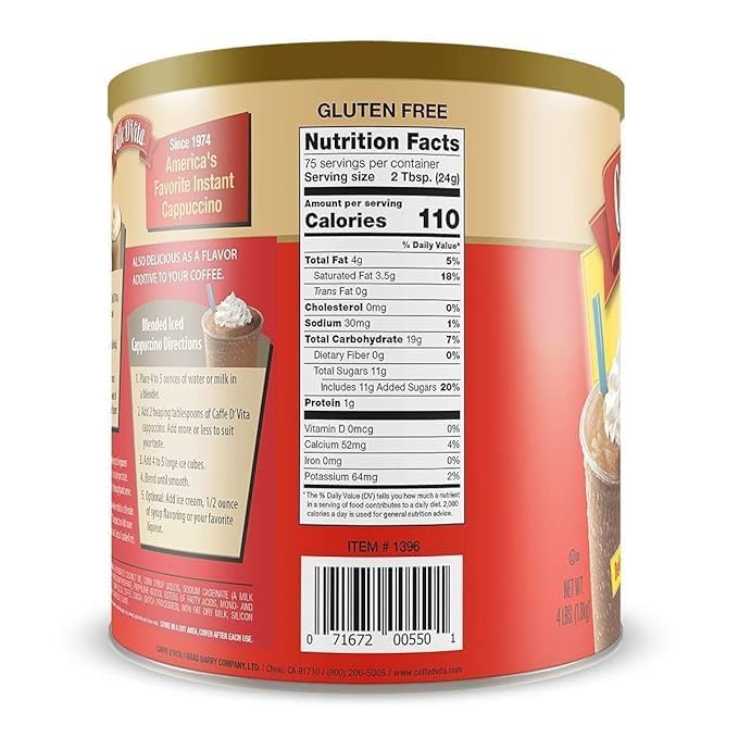 Caffe_Vitaa Mocha Cappuccino Mix - Instant Cappuccino, Gluten Free, No Cholesterol, No Hydrogenated Oils, No Trans Fat, 99% Caffeine Free, Mocha Mix - 4 LBS
