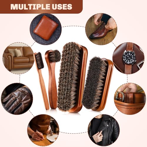Image of 4 Pcs Horsehair Shine Shoes Brush Kit Polish Dauber Applicators Cleaning Leather Shoes Boots Care Brushes Suede Cleaner Brush with Microfiber Shoe Cloth(Brown Style A)