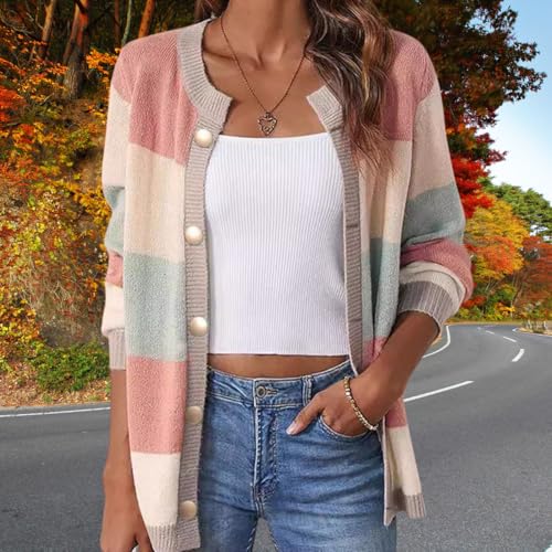 Color Block Cardigan Sweaters for Women 2024 Fall Trendy Button Up Striped Sweater Long Sleeve Knit Coats4