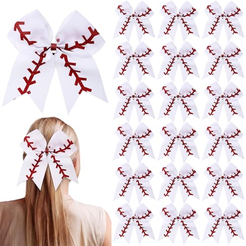 Suncalla 20 Pcs Baseball Party Favors Bulk Hair Bows Gifts 7.8 Inch Baseball Mom Gifts Ponytail Holders Glitter Leather Cheer Ribbon Bow Hair Ties Bands Holder for Cheerleaders Teams Competition Sport