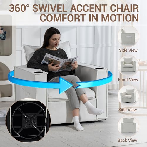 Image of 32 inch Wide Swivel Accent Chair Set of 2 with Cup Holders, White | Comfy Armchair, Side Pockets, Modern Chenille Sofa Couch, Living Room, Bedroom, Corner