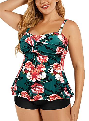 Women's Twist Front Plus Size Tankini Floral Print Tummy Control Two Piece Swimsuit4