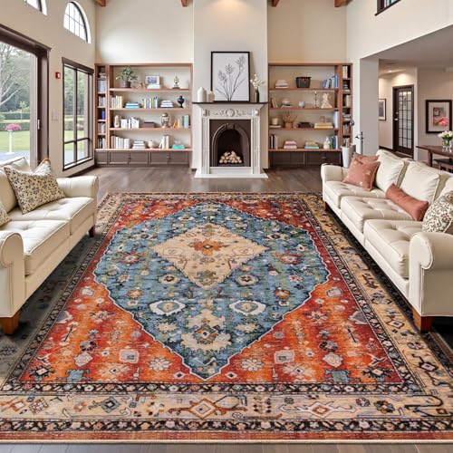 SERISSA Washable Rugs 9x12 Area Rugs, Large Non-Slip Boho Living Room Rug, Ultra Soft Vintage Print Distressed Oriental Tribal Farmhouse Carpet for Dining Room Bedroom Dorm Office Home Decor