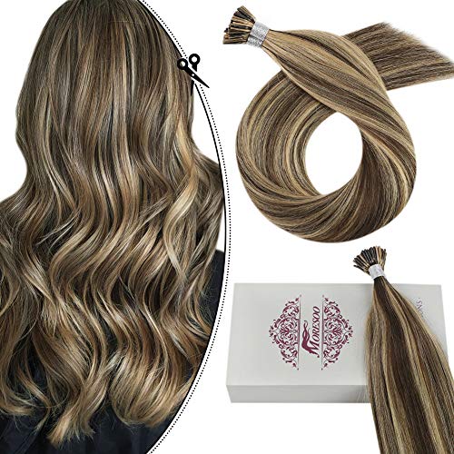 Moresoo 22 Inch I Tip Hair Extensions Real Human Hair #4 Brown Highlights with #27 Blonde 50g/set 1g/1s 50 Strands Fusion Keratin Extensions