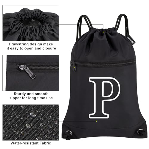 Image of HOLYLUCK Drawstring Bags Initial Backpack Sackpack Cinch Bags for Sports, Gym, Travel, Beach (Black-P)