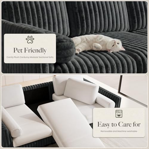 Image of Belffin Modular Sectional Sleeper Sofa Bed with Extendable Length Corduroy Couch Deep Seat Cloud Couch for Living Room. Grey Convertible Sectional Sofa Bed