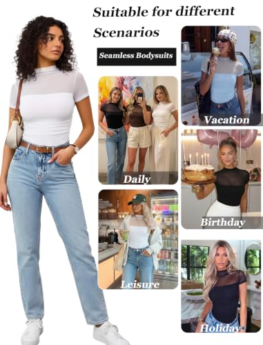 Image of Avidlove Women's Short Sleeve Bodysuit Turtle Neck Body Suits Mesh One Piece Leotard Going Out Tops Date Outfits
