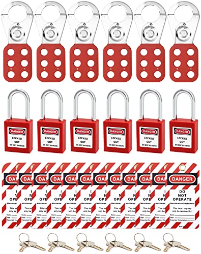 Image of QWORK Lock Out Tag Out Hasp - 6 Pack Stainless Steel Lockout Hasp with Red Nylon Handle, Tamper-Proof and Impact-Resistant Loto Hasp
