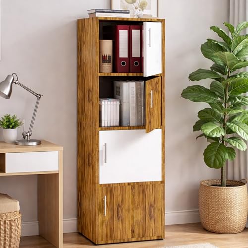 Image of Callas Wooden Book Rack | Multi-Compartment Storage Cabinet | Space-Saving Vertical Bookshelf with Doors | Durable & Sturdy Organizer for Home & Office (Walnut, 4 Tier)