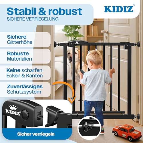 KIDIZ Treppenschutzgitter ohne Bohren | Verstellbare Breite: 74-80 cm, 75 cm hoch, Türschutzgitter und Absperrgitter für Kinder und Hunde, Beidseitige Einhand Öffnung, 90° Open-Stop System, Schwarz