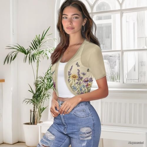 Image of Womens Short Sleeve Cardigans Lightweight Summer Cardigan Trendy Bolero Shrug Cute Floral Cardigan Sheer Bolero