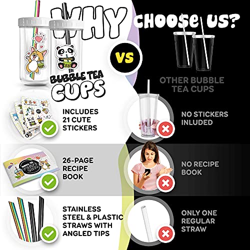 2Pack Reusable Bubble Tea Cup Set 22oz Glass Boba Tea Cups with Lids & Straws Bubble Tea