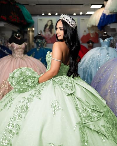 Ftupza Lace Appliques Quinceanera Dresses with Detachable Bow Glitter Tulle Ball Gown Spaghetti Straps Sweet 16 Dress3