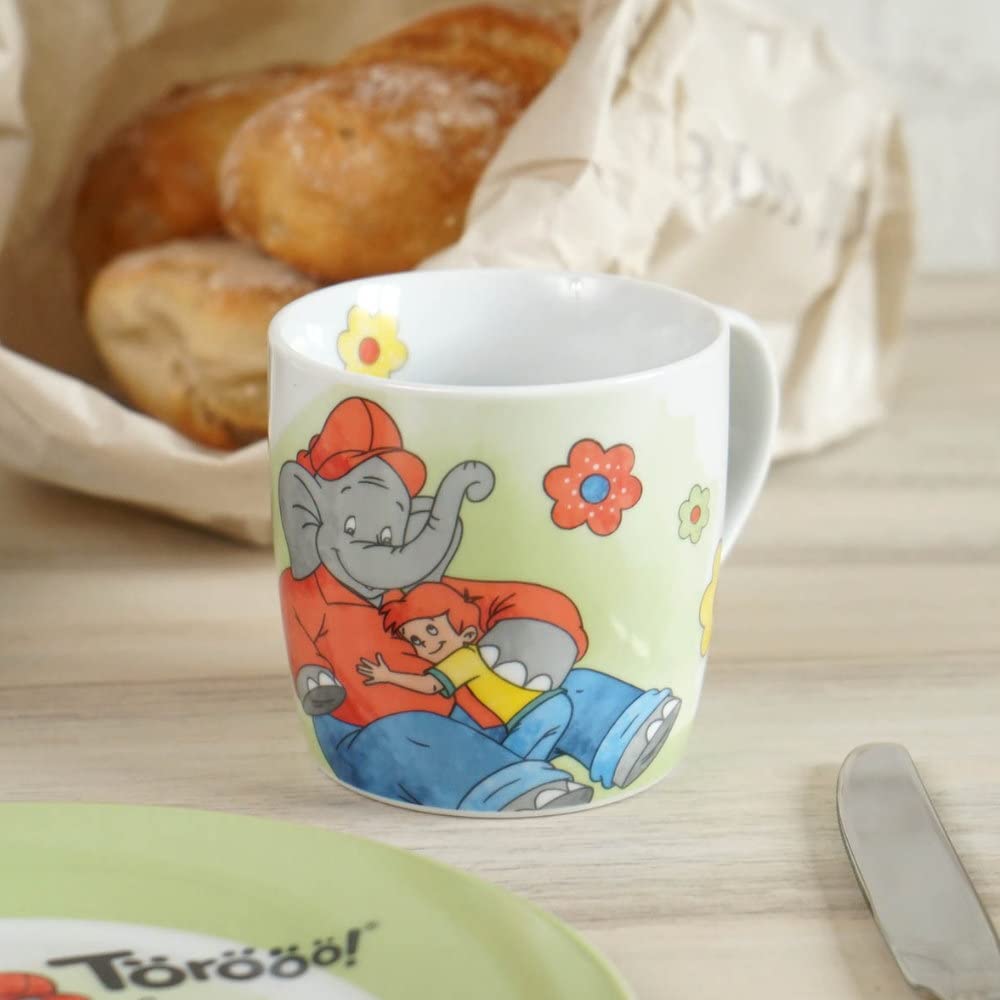 Kinderset Benjamin Blümchen 7tlg. mit Gravur (z.B. Namen) personalisiertes Kinderbesteck + Kindergeschirr (Teller, Schale, Tasse)
