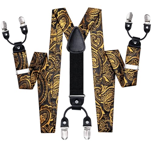 Image of Hi-Tie Black Gold Mens Suspenders Bowtie Set Floral Suspenders Pre-tied Bow Tie Pocket Square Cufflinks Adjustable Y Shape 6 Clips Braces Tuxedo