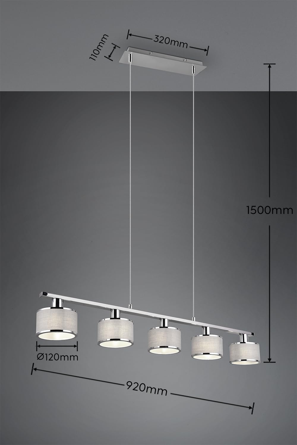 Trio Leuchten Trio 311600506 - Lampadario a Sospensione a 5 Luci, Dritto, 92 Cm