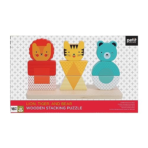 Image of Petit Collage: Wooden Stacking Puzzle, Lion, Tiger, and Bear | Mix and Match Puzzle with 3 Stacks |Includes Guide Cards for Color and Shape Matching | Great for Ages 18 Months +
